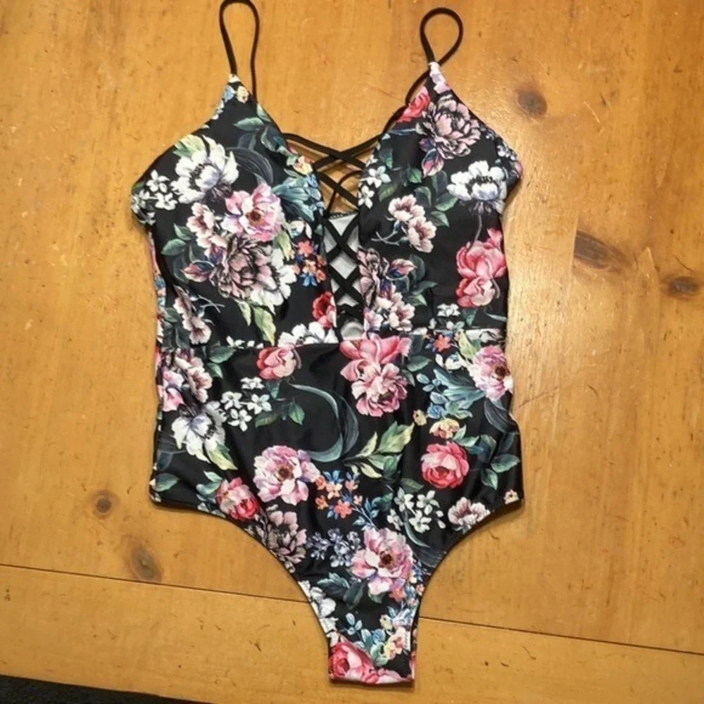 Dilinte Boho-Chic Romantic Floral Lace Up One Piece Swimsuit Tropical Large‎